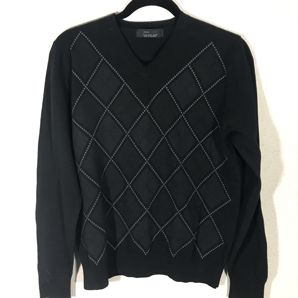 ZARA‎ MAN Argyle V-Neck Black/Gray Sweater size M